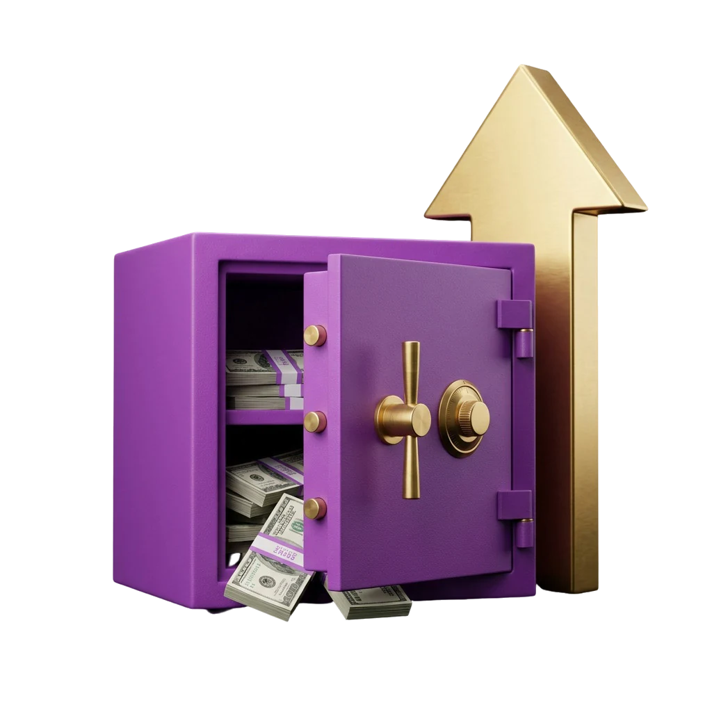 A vault door standing ajar with its contents spilling out, echoing a stored bonus wheel result