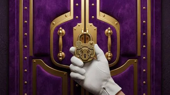Close view of vault doors with brass fittings and a padlock