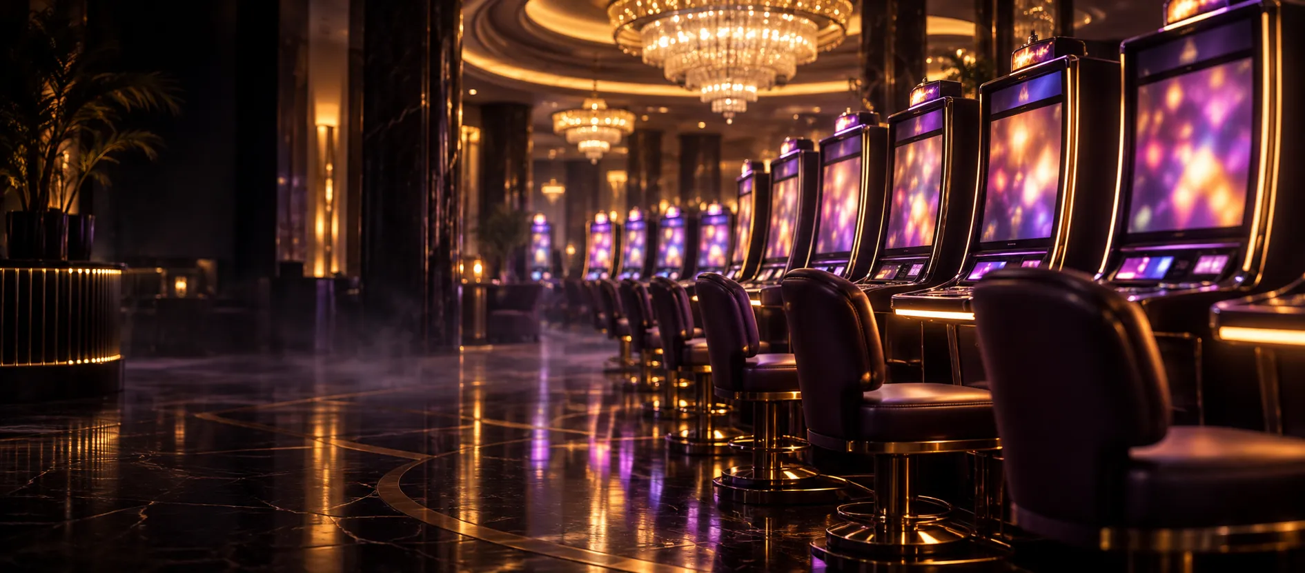 Warm, glowing slot floor atmosphere reflecting how the Here2Win Casino mobile lobby feels on a phone screen