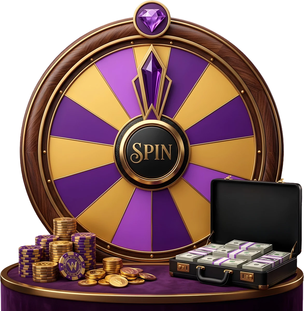 Large gold-trimmed prize wheel with purple velvet sectors