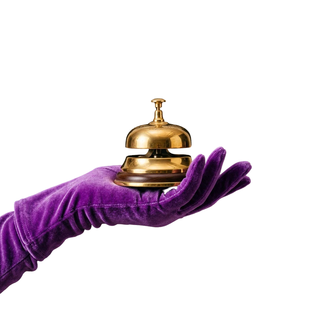 A gloved hand resting on a golden service bell, standing in for reaching casino support