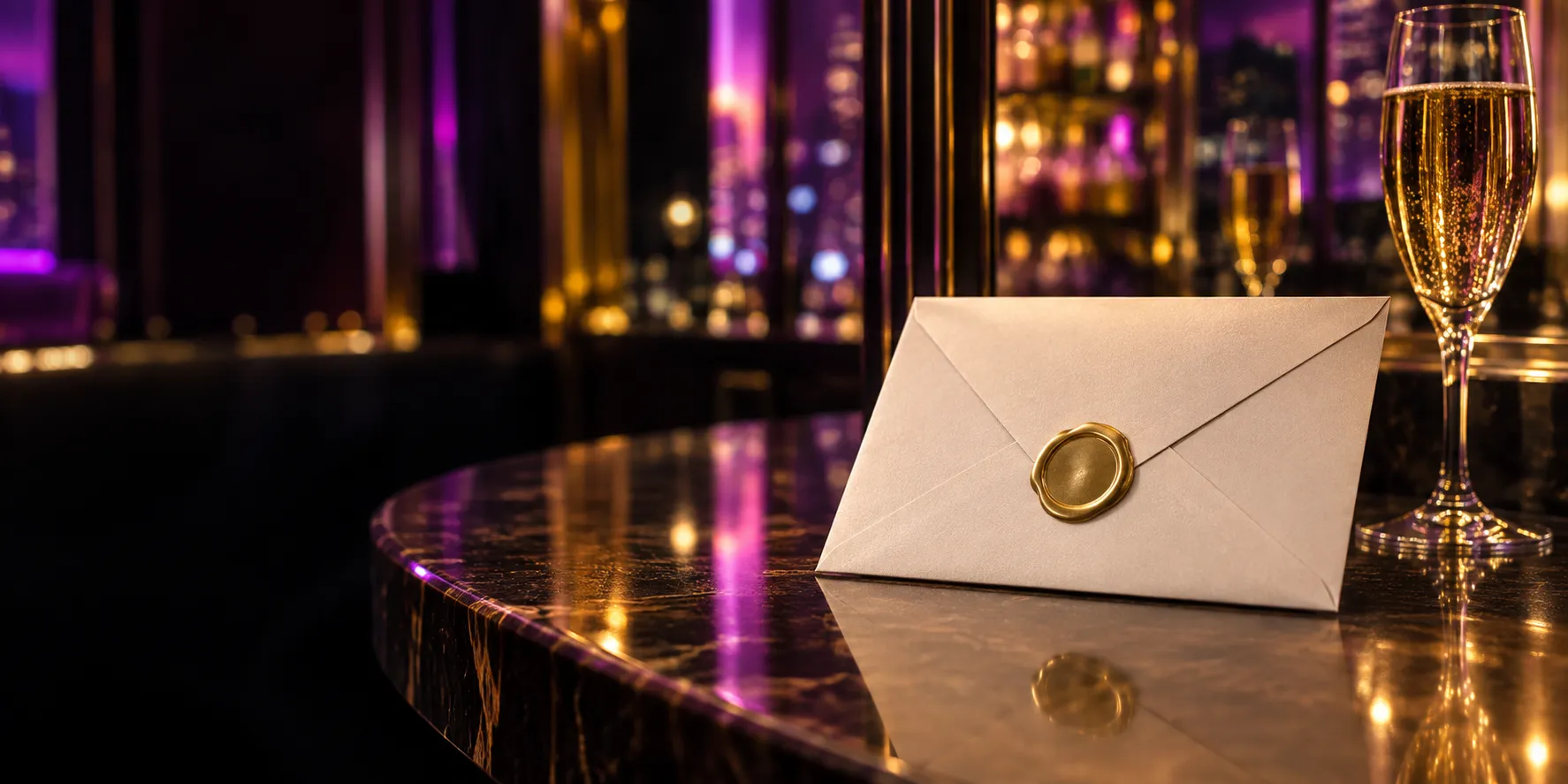 Sealed envelope with a wax seal resting on a champagne bar counter