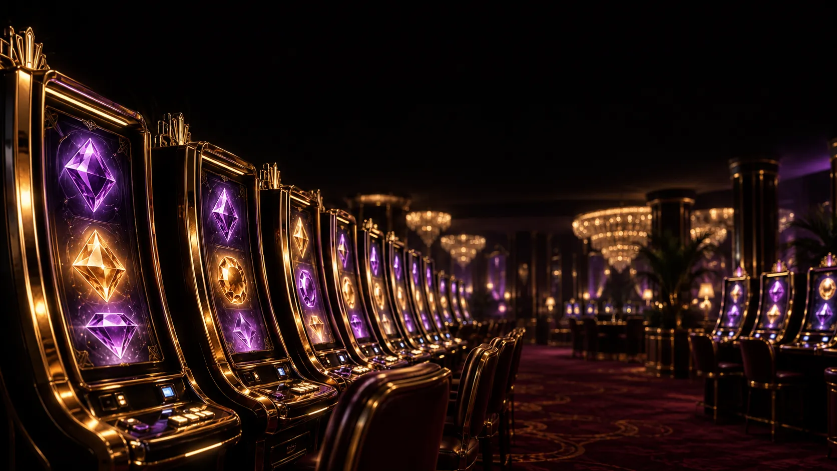 Row of glowing slot machine cabinets in soft bokeh light