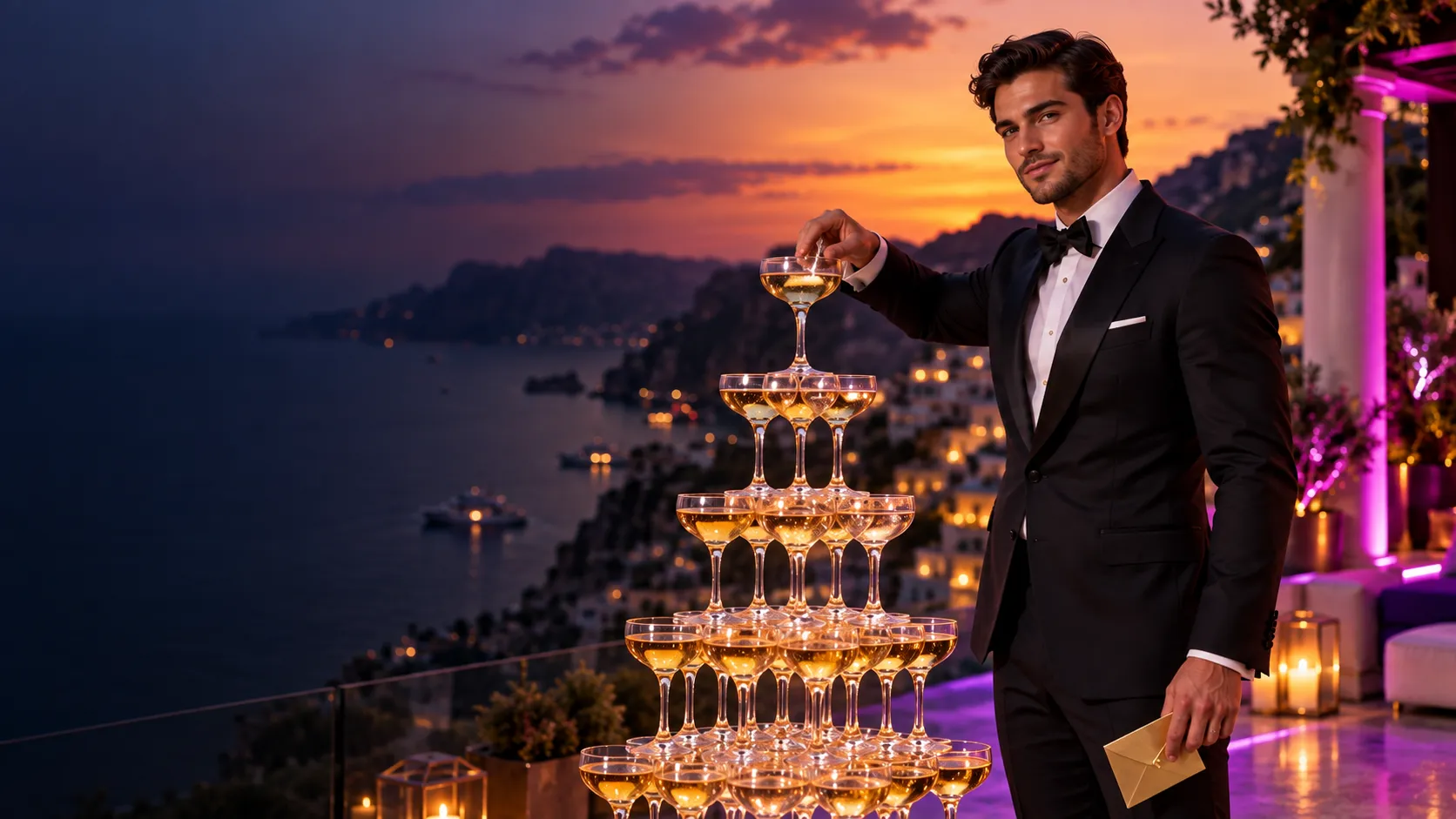 Man in a tuxedo beside a champagne tower on a cliffside terrace