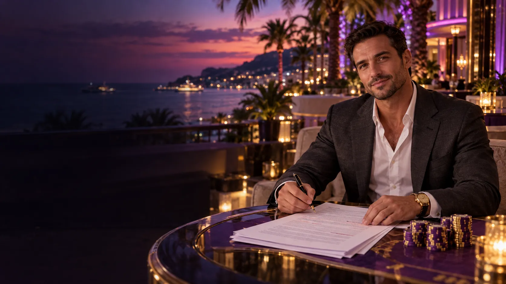 Stylish man in a charcoal blazer writing a casino guide draft beside a stack of chips on a seaside terrace at dusk